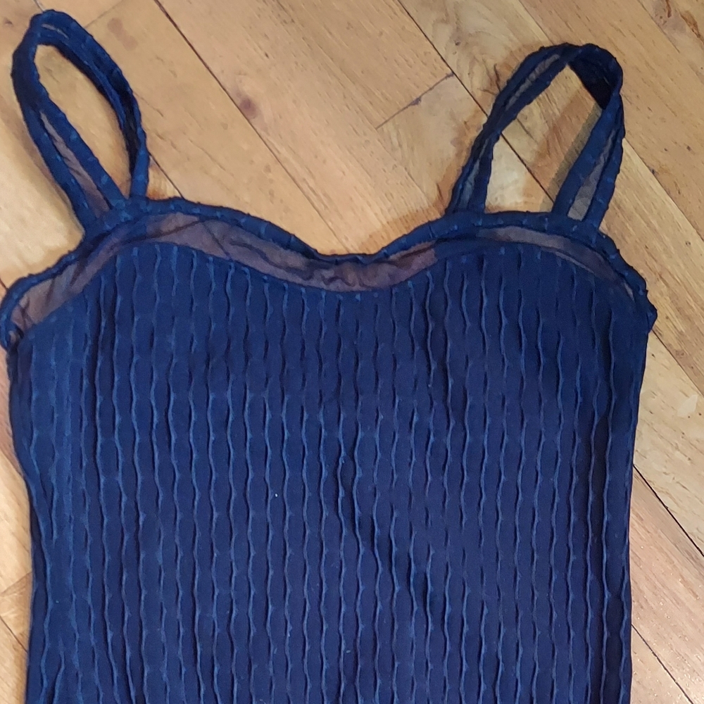 Black one piece swimsuit w/sheer straps and top